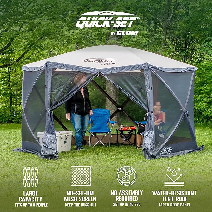 CLAM Escape 11.5' Pop-Up Screen Tent – Blue Outdoor Camping Gazebo Canopy with No-See-Um Mesh Carry Bag &amp Stakes – 6-Sided Portable Shelter for Camping Picnics &amp Events – Fast 45-Second Set