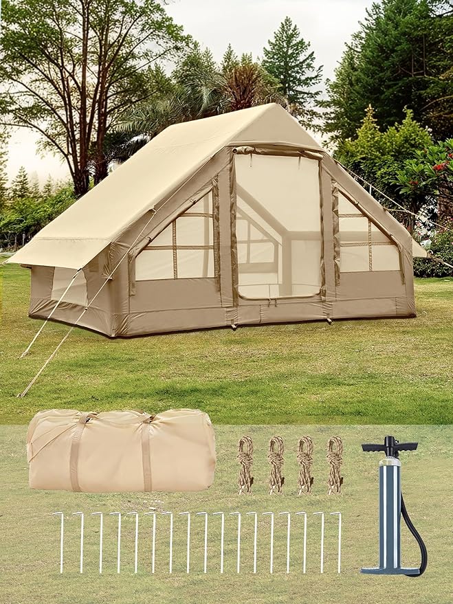 Inflatable Tents with Hand Pump Hot Tent with Stove Jack Easy Blow Up Glamping Tent with Mesh Windows 4-6 Person Instant Family Camping Tents Waterproof for 4 Seasons