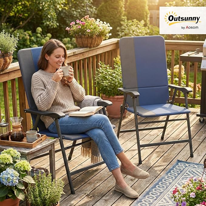 Outsunny Folding Patio Chairs Set of 2 Padded High Back Folding Lawn Chairs with Armrests 600D Oxford Fabric Portable Outdoor Camping Chair Set for Deck Garden Backyard Dark Blue