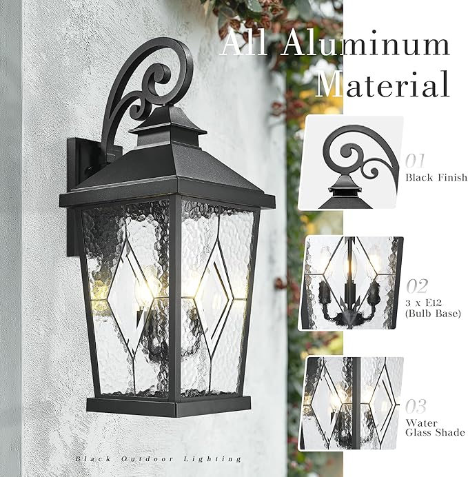 Emliviar Outdoor Light Fixture for Porch 27-Inch Extra Large Exterior Porch Lantern Light Waterproof Aluminum Outdoor Wall Sconce in Black Finish WE301BL-SD BK