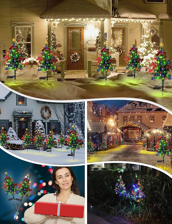 Solar Christmas Decorations Trees Lights Outdoor Waterproof 40LED-Lights Solar Yard Decorative Solar Stake Lights Xmas Tree Garden Decor with Constant &amp Flashing Modes for Pathway Lawn Patio 2P