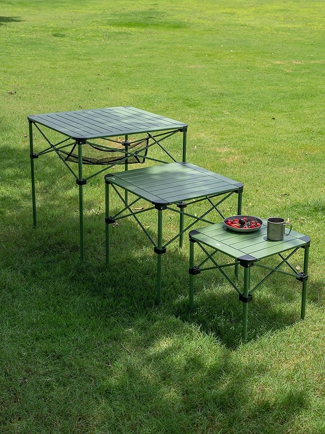 iClimb Lightweight Stable Alu. Folding Square Table Roll Up Top with Carry Bag for Camping Picnic Backyards BBQ Camp Kitchen (Green L)