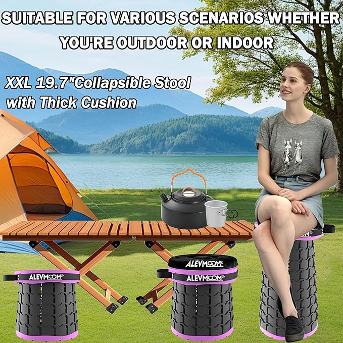 ALEVMOOM Upgraded 19.7 XXL Collapsible Stool with Cushion Portable Telescoping Stool Capacity 1000lbs Heavy Duty Retractable Folding Chair for Adults for Camping Fishing Hiking BBQ