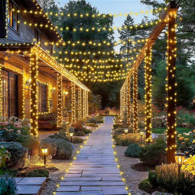 XURISEN 403FT 1000 LED String Lights Outdoor Green Wire Christmas Lights 8 Modes &amp Timer Waterproof Fairy Lights Plug in for Party Wedding Yard Garden Indoor/Outdoor Decorations(Warm White)