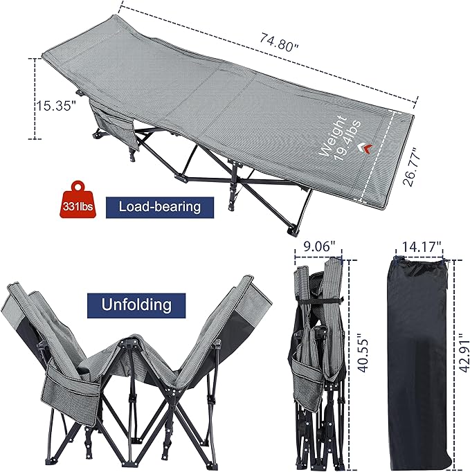 YSSOA Adults Foldable Outdoor with Portable Bag Bed Lightweight Sleeping Cots for Camping Easy to Set up 3 Pack Black