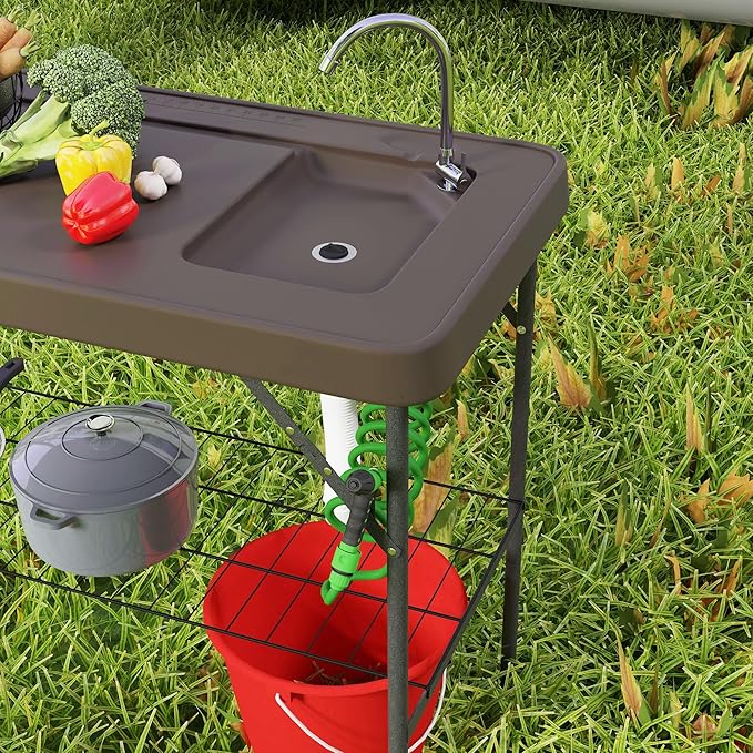 Outsunny Folding Fish Cleaning Table Portable Camping Sink Station with Faucet Drainage Hose Sprayer Grid Rack and Knife Groove Outdoor Fillet Table for Picnic Beach Patio Tan