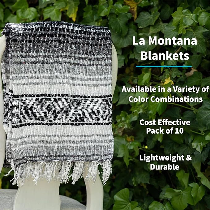 La Montana Authentic Mexican Blanket (10-Pack) - 74in x 50in Woven in Mexico - Falsa Throw for Yoga Studio Picnic/Camping/Beach Saddle Blanket Bed/Home Decor (Assorted Neutrals)