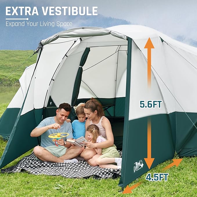 8/10/11 Person Camping Tent with Porch Large Family Tents for Camping PU1000MM Waterproof Tent with 5 Mesh Windows Removable Rainfly Reflective Windproof Rope Big Dome Tent Fits 3 Queen Airbeds