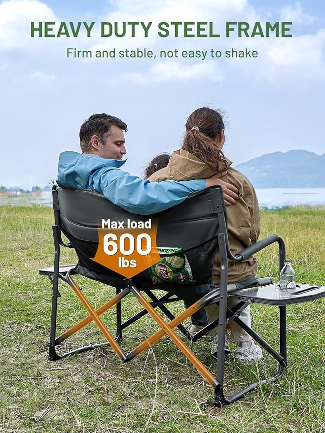 TIMBER RIDGE Double Camping Chair Portable Loveseat Heavy Duty Folding Camp Couch 2 Person Director Chairs with Cup Holder for Outdoor Lawn Tailgates Picnic Sports Soccer Games Supports 600 lbs Grey