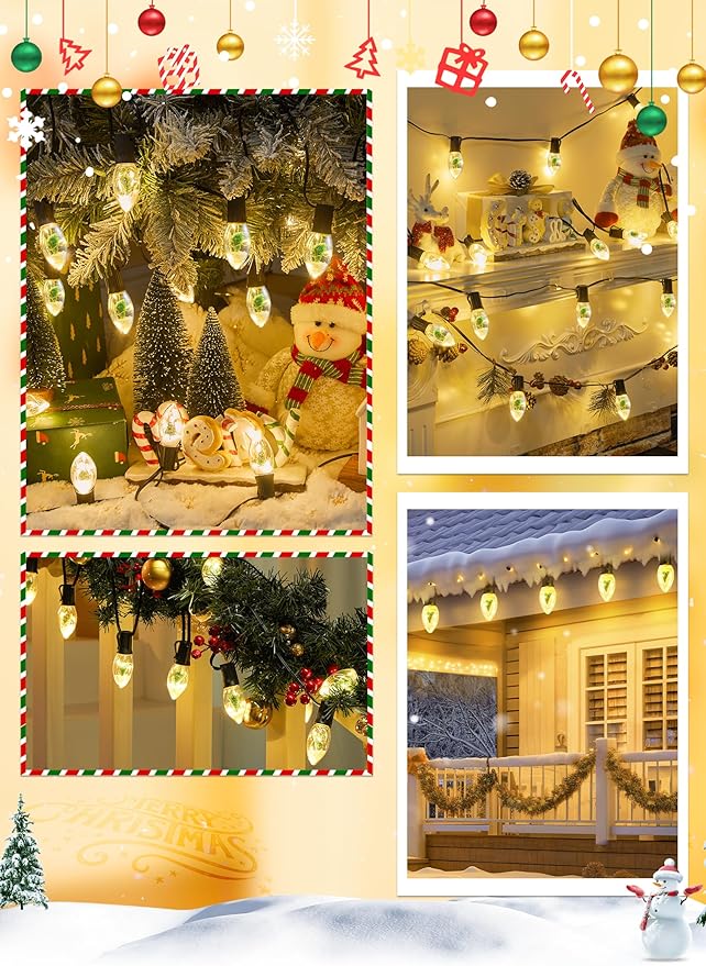 C9 LED Christmas Lights Outdoor 25 Ft C9 String Lights with 20 Shatterproof LED Bulbs 3 Light Mode Connectable Waterproof Christmas Tree Lights for Outside Indoor Holiday Garden Decor Warm White