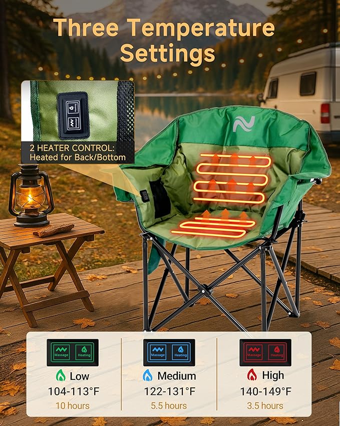 Slsy Oversized Heated Massage Camping Chair with Armrests Portable Padded Folding Chair Heavy-Duty 500 lbs Support for Camping Tailgating &amp Outdoor Relaxation