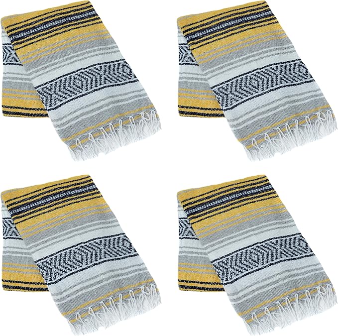 La Montana Mexican Blankets and Throws 4 Pack 74x50 - Made in Mexico Lightweight Yoga Blanket for Schools Studios Outdoors Camping Picnic Decor - Washable Navy/Yellow/White