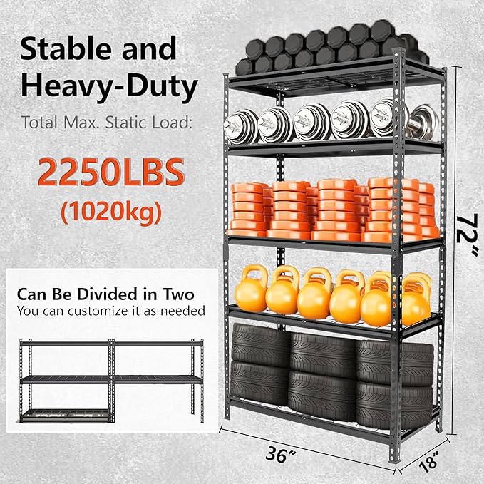 5-Tier Heavy-Duty Storage Shelves 2250 LBS Load Steel Shelving Unit Adjustable Boltless Garage Shelving Sturdy Organizer for Garage Kitchen Gym Shed (Black 2PCS 36''W x 18''D x 72''H)