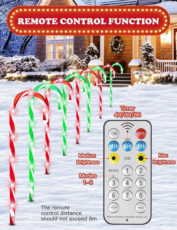 ZHAHA Solar Christmas Pathway Lights Outdoor Decorations Solar Candy Cane Lights for Yard Patio Garden Walkway with 8 Light Mode Remote Timer 48 LED Upgraded Christmas Outdoor Decorations 8 Pack