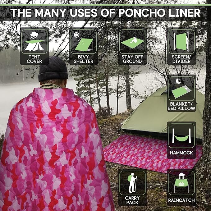 Mirzoyan Woobie Blanket Military Poncho Liner Camo Insulated Camping Woobie Blanket for Outdoor Hiking (Pink with Zipper)