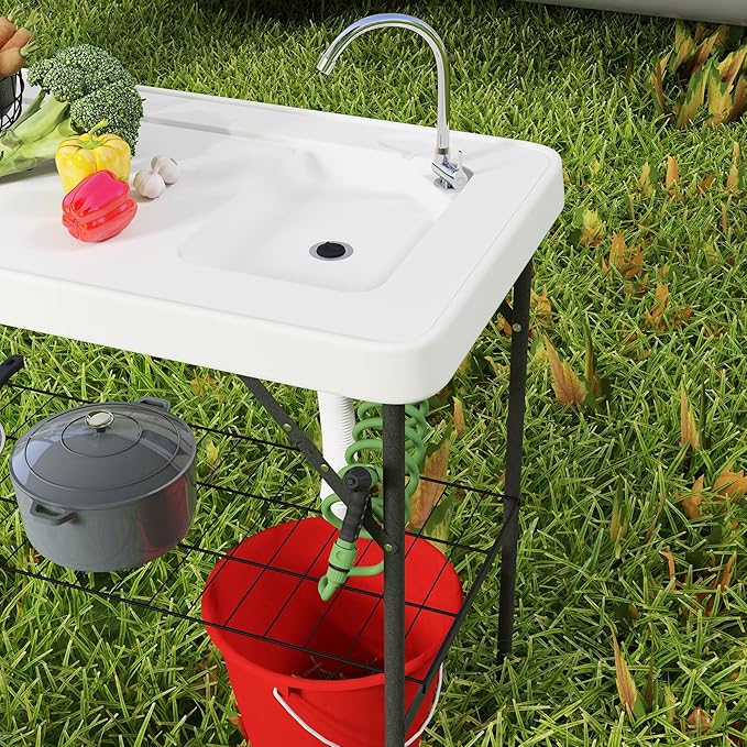 Outsunny Folding Fish Cleaning Table Portable Camping Sink Station with Faucet Drainage Hose Sprayer Grid Rack and Knife Groove Outdoor Fillet Table for Picnic Beach Patio White