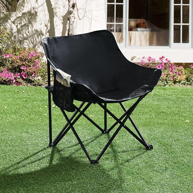 2 Pack Folding Camping Chairs Portable Beach Chairs &amp Reclining Camping Chair with Side Pockets Compact Recliner Chairs for Camping Picnics Fishing Beaches Barbecuesand (2Pcs Black)