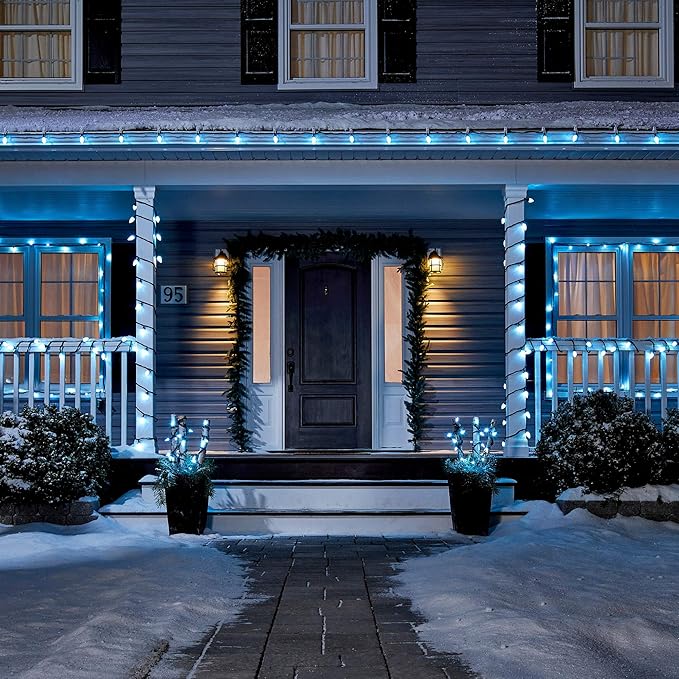 C9 LED Quick Clip Christmas Lights | Built-in Clip-On String Lights | 24 Pure White &amp Blue Bulbs | 16 Foot Strand