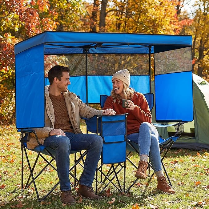 Double Beach Chair with Canopy Shade Heavy Duty Camping Chairs with Cup Holder Folding Loveseat for Outside Lawn