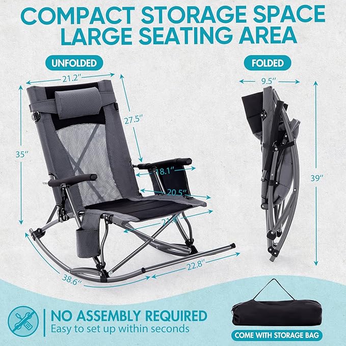 Oversized Folding Rocking Camping Chair Outdoor Portable Rocker Chair with Hard Armrest for Adults Heavy Duty Foldable Rocking Chairs for Outside Patio Lawn Supports up to 400 Lbs Gray