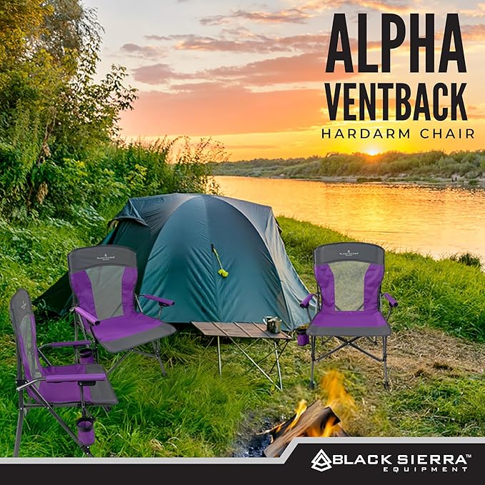 Black Sierra Camping Chair – Folding Portable Lawn &amp Beach Chair with Padded Hard Armrest Mesh Vented Back Spacious Cup Holder Carry Bag – Supports 300 lbs for Sports