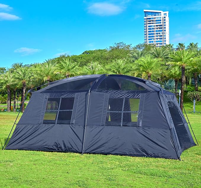 KTT Extra Large Tent 12-14 PersonFamily Cabin Tents2 RoomsStraight Wall2 Doors 4 Windows with MeshWaterproofStraight WallBig Tent for OutdoorPicnicCampingGathering(Brown)
