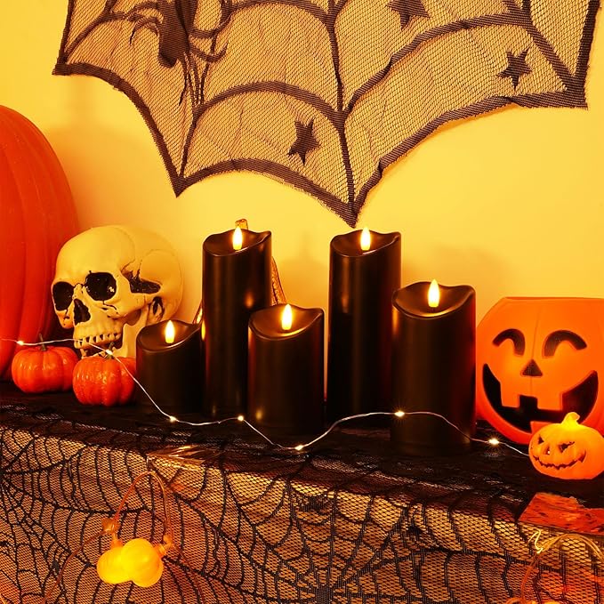 Amagic Black Halloween Flameless Candles with Remote Waterproof Outdoor Candles Battery Operated with Timer Plastic Flickering LED Pillar Candle for Holiday Theme Party Pumpkin Decor Set of 5