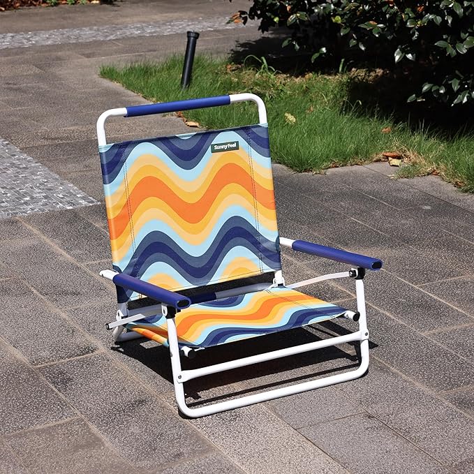 SunnyFeel Low Folding Beach Chair for Adults Lightweight Beach Chair Portable Camping Sand Chairs with Hard Armrest Supports 300lbs for Beach Lawn Concert
