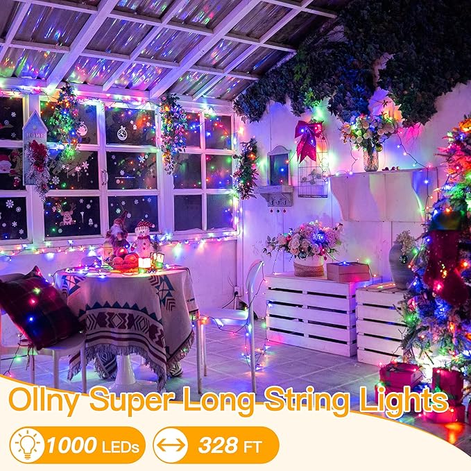 Ollny Christmas Lights 1000LED 328FT Long Christmas Tree Lights with 8 Modes Remote Timer IP44 Waterproof Outdoor Christmas Lights for Tree House Yard Outside Xmas Decorations Multicolor