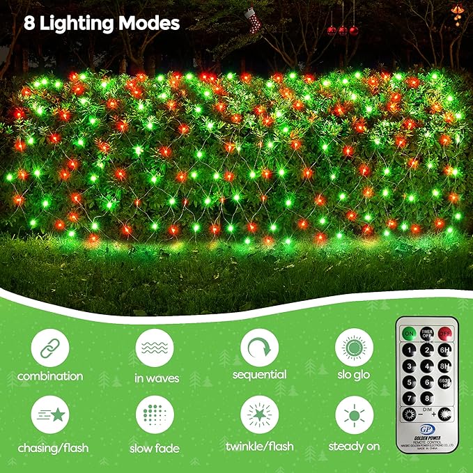 WBao Christmas Lights 200LED 9.8ft x 6.6ft Christmas Bush Lights 8 Modes Timer End to End Connectable Waterproof Design for Lawn Bush Tree Outdoor Xmas Decorations Red Green (Clear Wire)