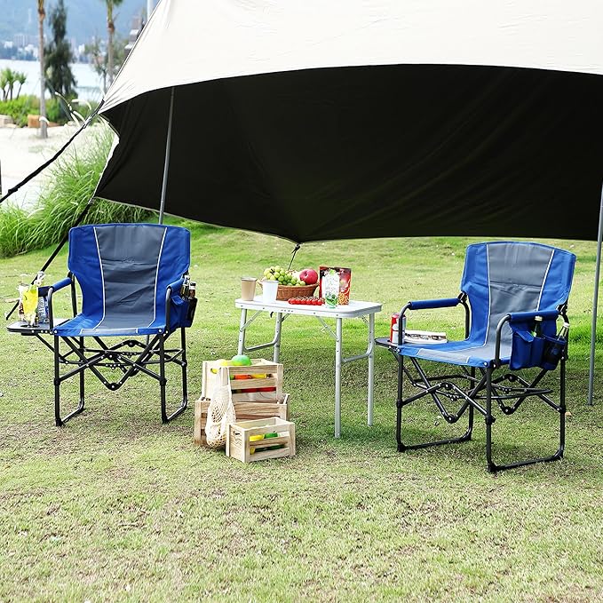 Oversized Camping Directors Chair Portable Folding Lawn Chairs for Adults Heavy Duty with Side Table Outdoor Foldable Camp Chair with Pocket for Beach FishingPicnic (2 Blue/Grey Oversized)
