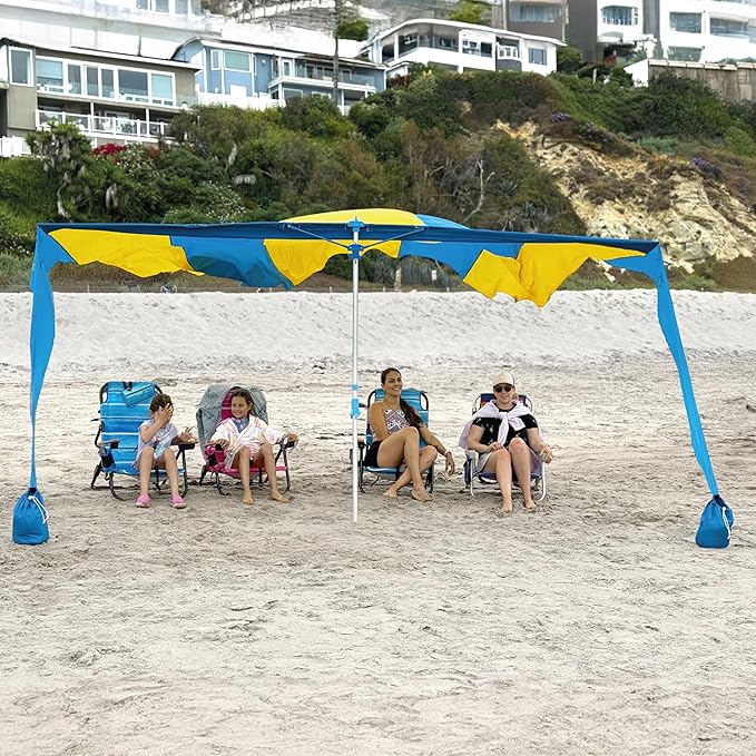 Shark FIN Shade Beach Tent Wind Sun Canopy Portable Easy Set Up UPF 50+ No Assembly Required 3-30 MPH - 1 to 8 People - Tie Downs Included - 2 Sizes Large 9' X 10' &amp Giant 13.5' X 10' PATENTS Pend