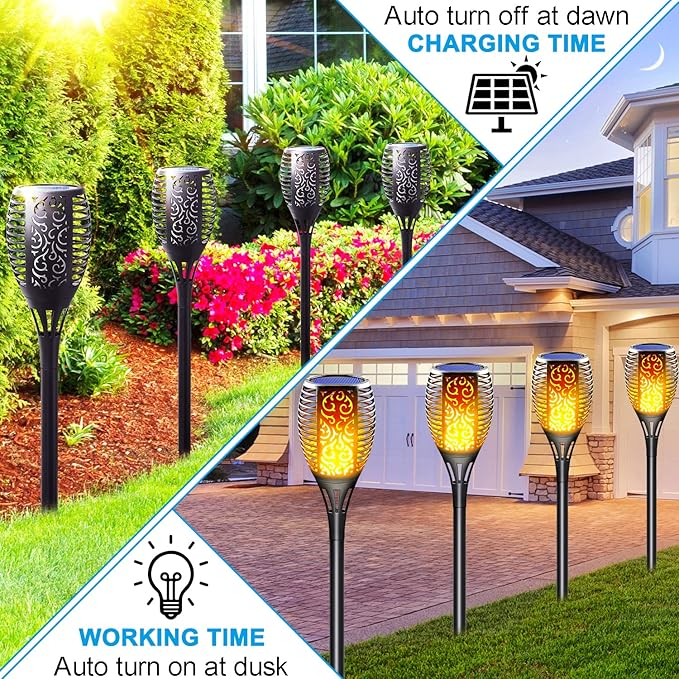 Large Solar Torch Lights Outdoor Flickering Flame Upgraded 3-in-1 Detachable Hanging Lanterns - IP65 Waterproof Auto On/Off Tiki Torches for Garden Pathway Ground Decor (6 Pack)