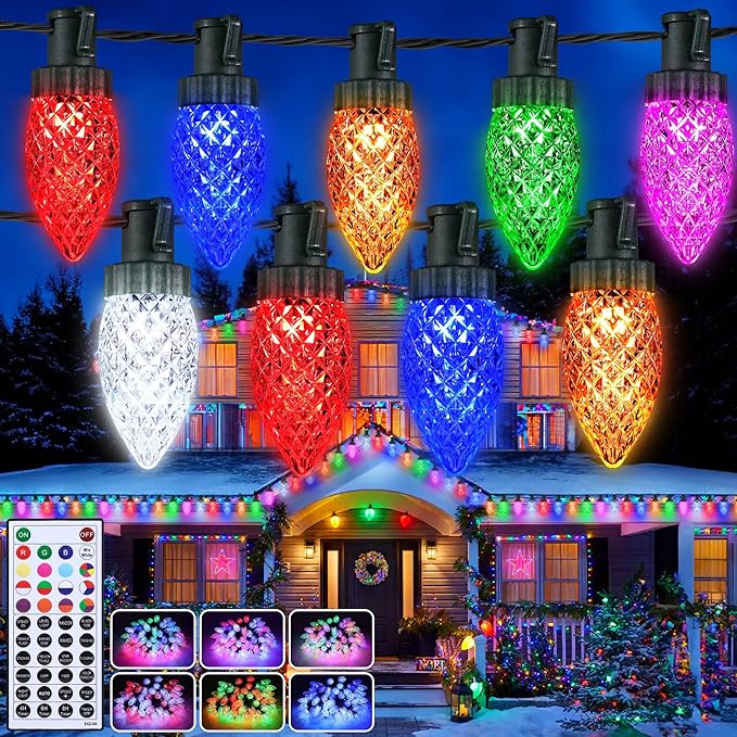 iBaycon RGB C9 Christmas Lights 65FT Color Changing String Lights Connectable Remote Control Waterproof Outdoor C9 String Light for Xmas Tree House Eaves Roof Christmas Holiday Decor