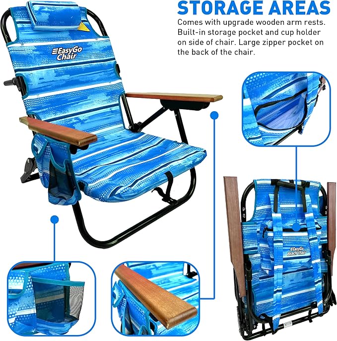 Tommy Bahama Backpack Chair-5 Positions and Cup Holder Pouch on Side-Padded Pillow-Storage Bag on Back – Lightweight Rustproof Aluminum – Black Frame 2 Pack Beach Blue