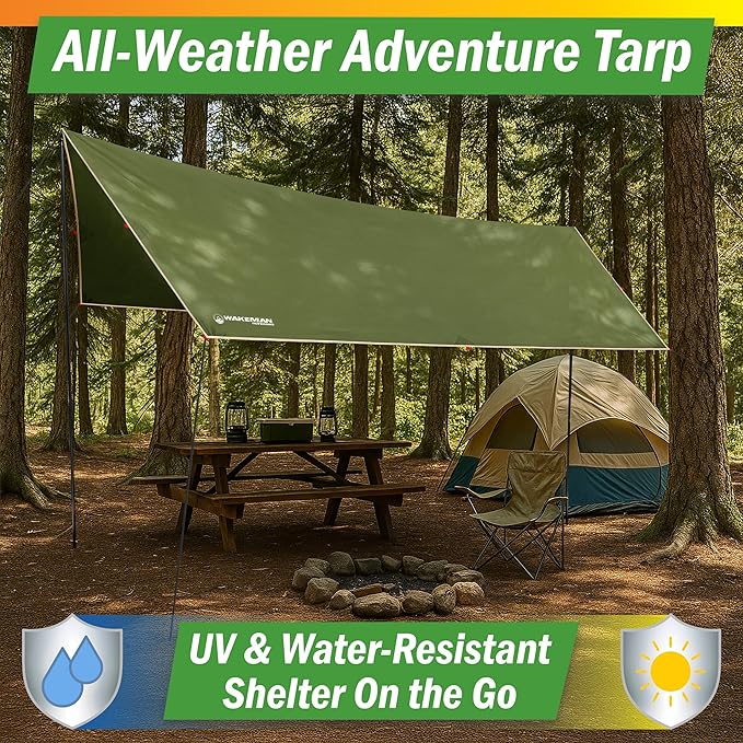Camping Tarp with Poles - 15x12 Tarp for Camping or Hammock Rain Fly for Hiking Backpacking or Portable Survival Shelter UV Protection and 3000mm Water Resistant by Wakeman Outdoors (Green)