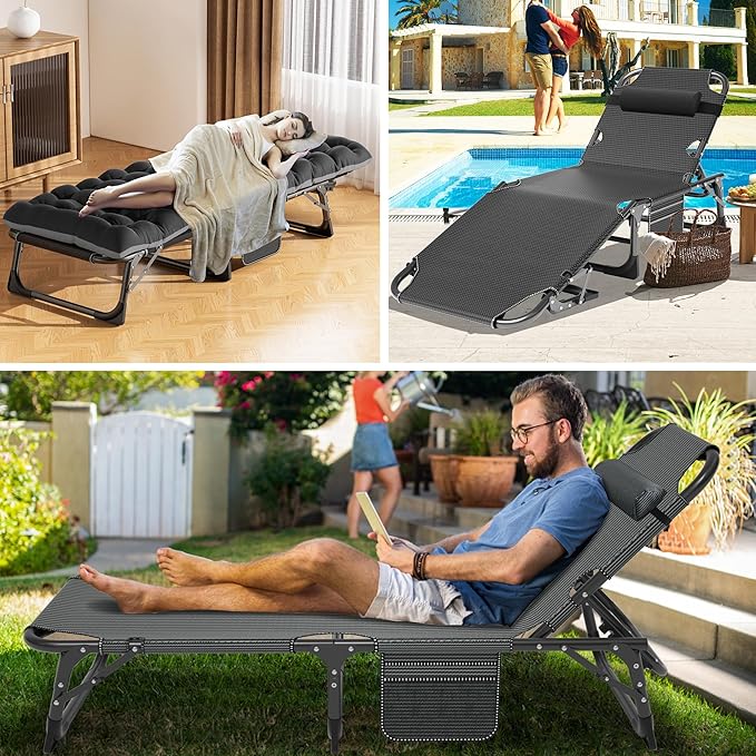ABORON 3-in-1 Folding Patio Lounge Chair 440LB Heavy-Duty Tri-Fold Guest Bed with Plush Cotton Cushion No Assembly Adjustable Recliner for Office Nap Patio Sunbathing Poolside &amp Camping