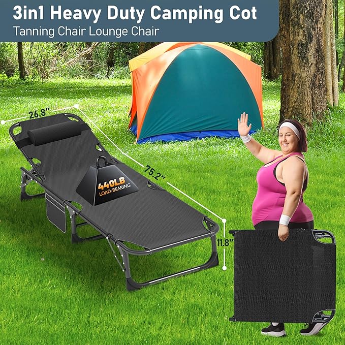 ABORON 5 Positions Camping Cots for AdultsOutdoor Folding Sleeping Cot/MatFolding Chaise Lounge Chair with PillowPortable Reclining Chair for Beach Lawn Camping PoolSunbathing Chairs