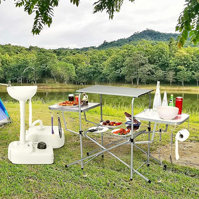 Tangkula Folding Grill Table Aluminum Camping Kitchen Table with Cook Station Hooks Portable Camp Cook Table with Storage Organizer Shelves Carrying Bag Ideal for Picnic BBQ Party Outdoor