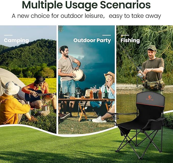 HIGH POINT SPORTS 2 Pack Portable Camping Chair for Adults Folding Outdoor Camp Chair Lightweight Lawn Chairs Folding Collapsible Chair for Camping Tailgates Beach Black Support 250 lbs