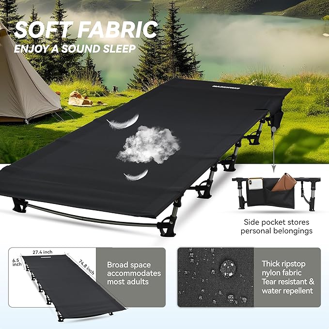MARCHWAY Ultralight Folding Tent Camping Cot Bed Portable Compact for Outdoor Travel Base Camp Hiking Mountaineering Lightweight Backpacking (Black)