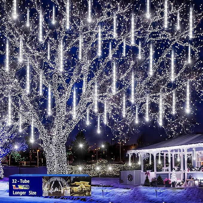 Christmas Decoration Outdoors- 32 Tubes (Equivalent to 4 Sets of 8-Tubes) Meteor Shower Rain Lights White Falling Rain Lights for Christmas Decor Xmas Tree Halloween Yard Wedding Party UL Plug