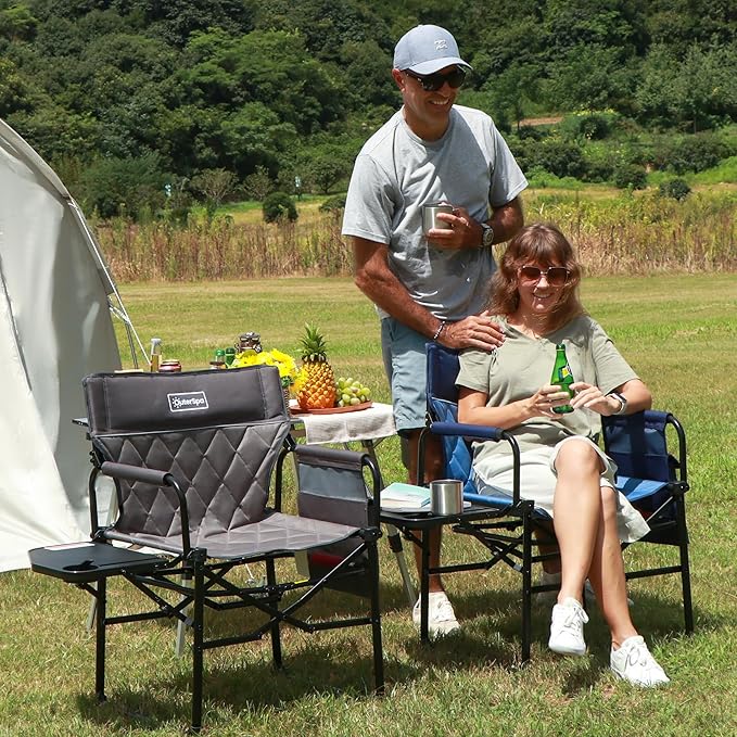 Oversized Directors Chairs Heavy Duty Folding Outdoor Chairs with Detachable Side Pocket and Adjustable Side Table for OutsideLawnFishing Folding Camping Chair up to 350Lbs Capacity (Grey)