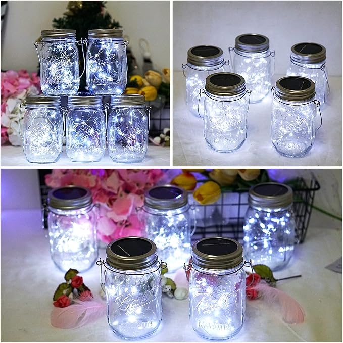 SmilingTown Solar Light for Mason Jars 20 LED Outdoor Fairy String Light Lids with Hangers for Jar Lantern Waterproof Rust Resist for Patio Lawn Garden Decor No Jars 10 Pack (Cool White)
