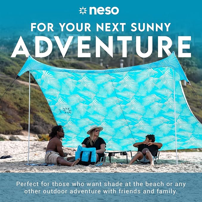 Neso Gigante Portable Beach Tent Sun Shelter - Lightweight Beach Shade Canopy - Easy Setup for Family Outings - Patented Reinforced Corners - UPF 50+ - 8ft Tall 11 x 11ft - Aqua Fronds
