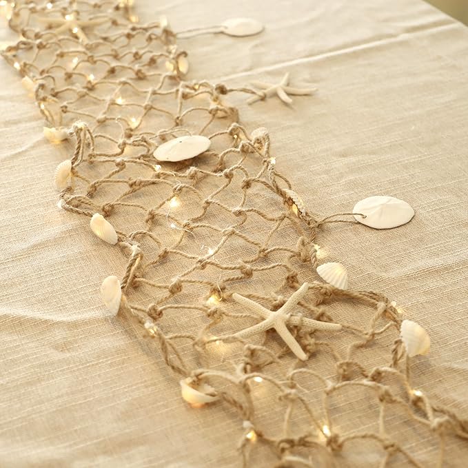 Seashell Garland 6.0FT (Length) × 0.5FT (Height) Rectangular Net Lights Beach Decor USB Battery Operated Ocean Light with Real Starfish Sand Dollars - Magic Conch Shell Beach Decorations for Home