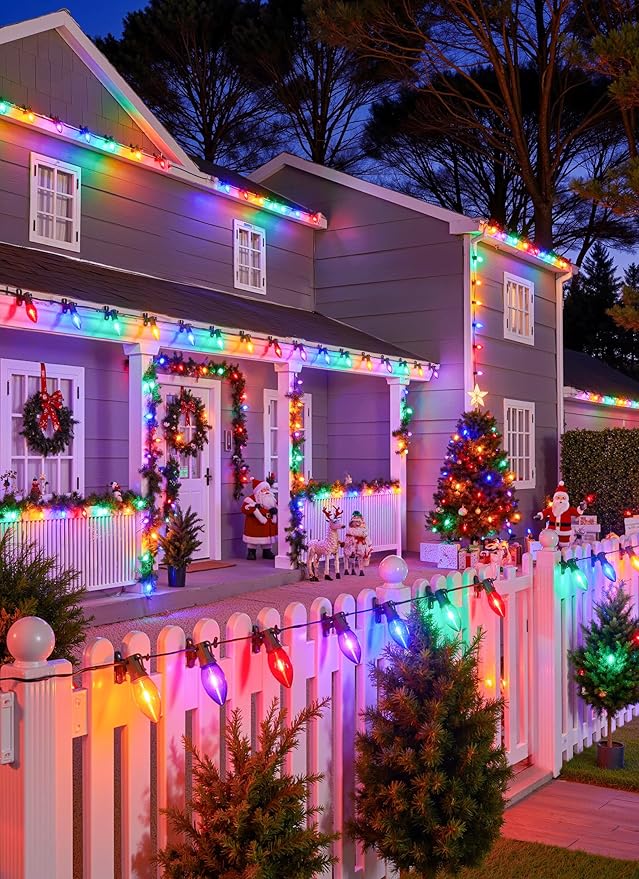 Vintage C9 LED Christmas Lights Outdoor - 50 Feet String with 50 Colored Bulbs Waterproof Connectable Lights for Holiday Party Roofline Backyard Garden Patio Green Wire
