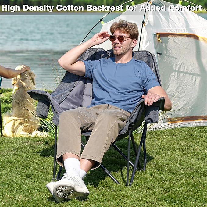 2 Pack Oversized Camping Chair Portable Folding Padded Camp Chairs with Side Pocket Cup Holder Heavy Duty Support 500LBS Outdoor Lounge Chair for Adults Fishing Sports Trip Grey
