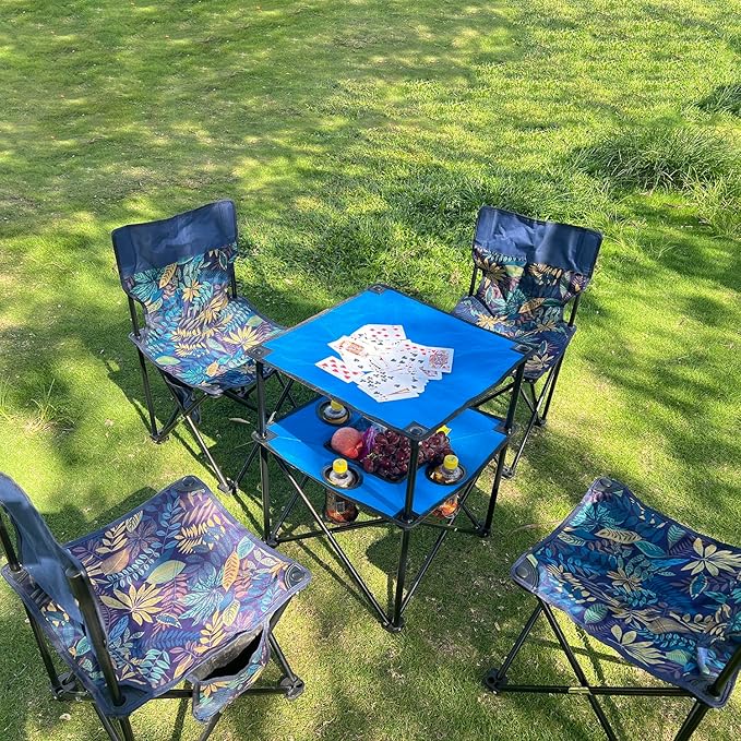 Portable Folding Camping Table with Cup Holders – Lightweight &amp Compact 2-Tier Outdoor Table with Storage Ideal for Card Games Snacks Picnic Tailgating &amp Camping (Blue + Black)