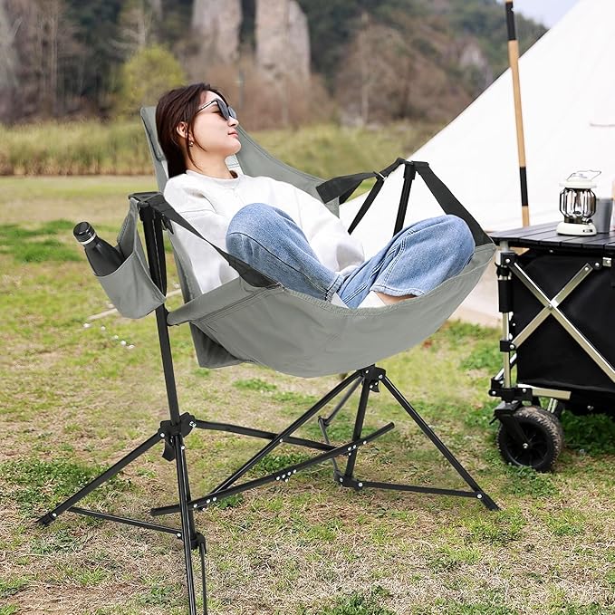 HOMEFUN Hammock Camping Chairs Set of 2- Portable Swinging Chair for Adults with Stand and Storage Bag Oversized Folding Rocking for Lawn Camp Fishing Hiking Gray
